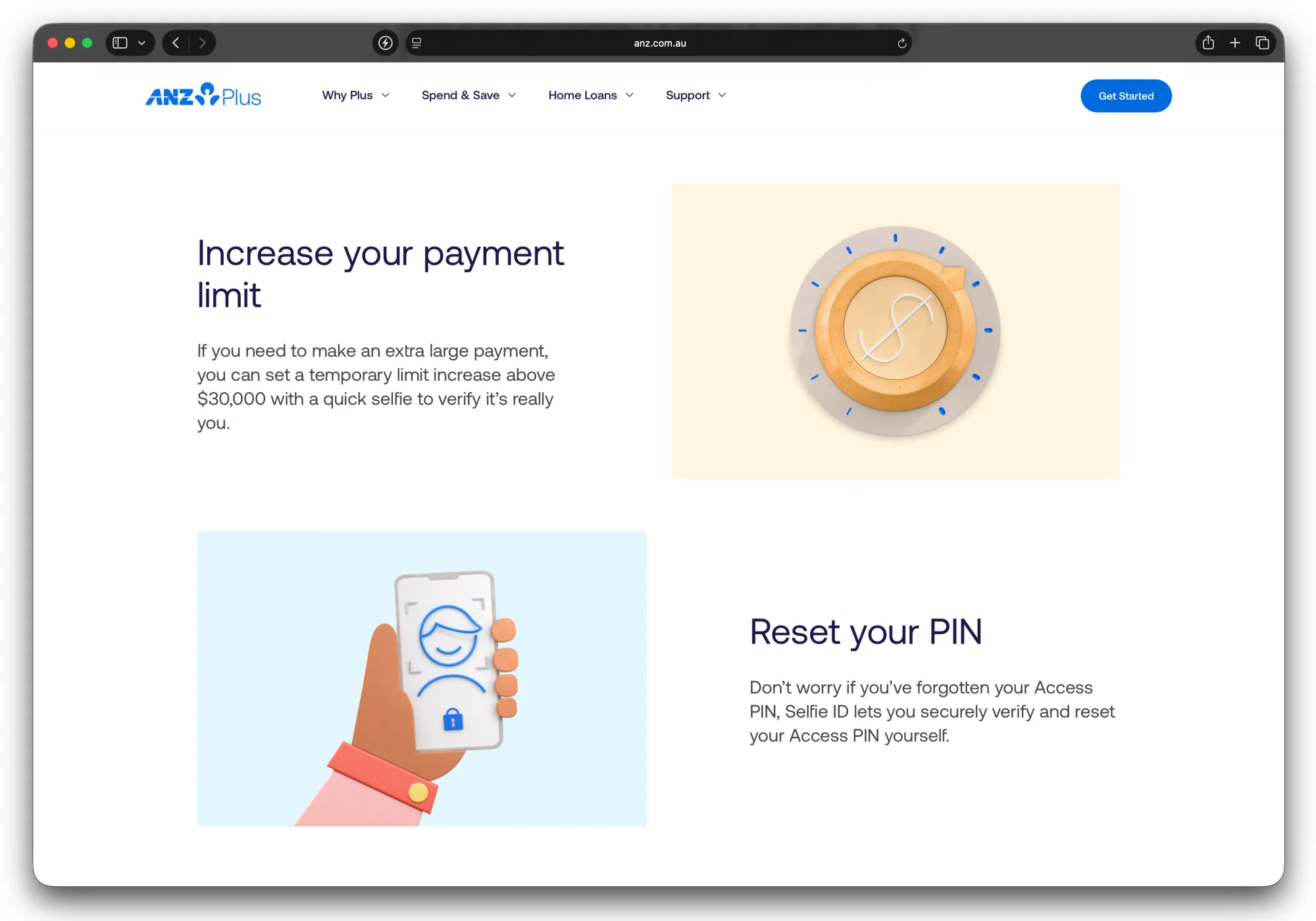 The ANZ Plus website showing self-serve support journeys: increasing a payment limit and resetting an Access PIN with Selfie ID